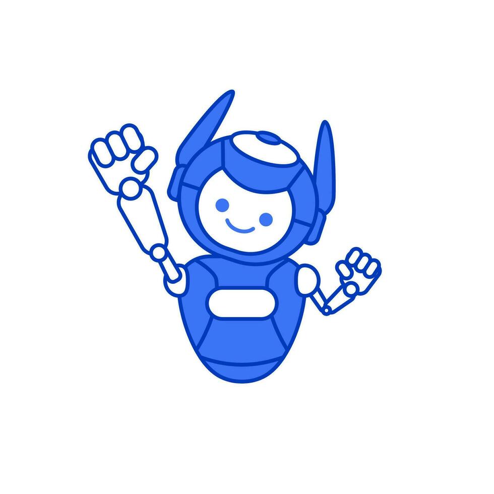 Robot character pose illustration. Happy robot jumping and cheering vector illustration