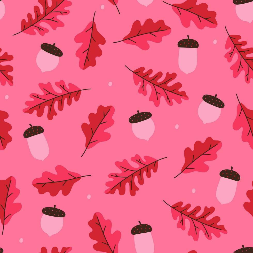 Seamless autumn pattern with acorns and oak leaves in pink colors. Vector graphics.