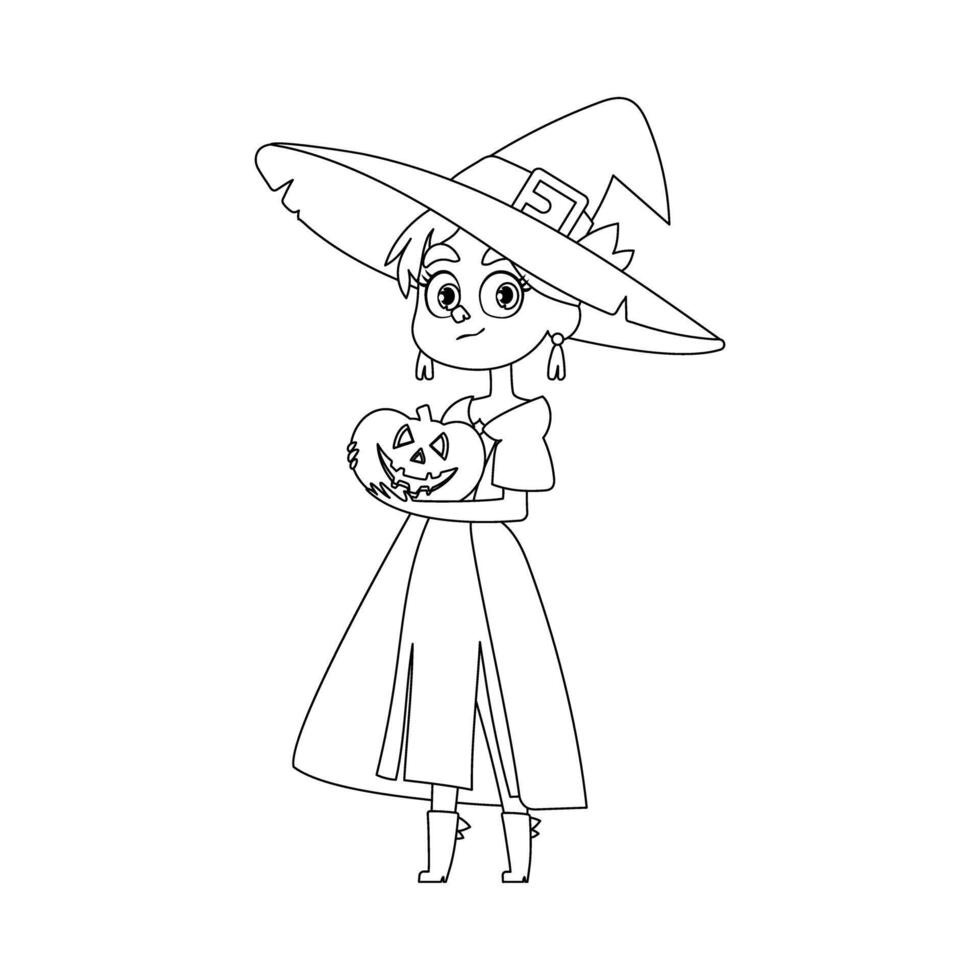 A little girl is wearing a witch costume, she is really happy and eagerly waiting for Halloween while holding a pumpkin.Linear style. vector