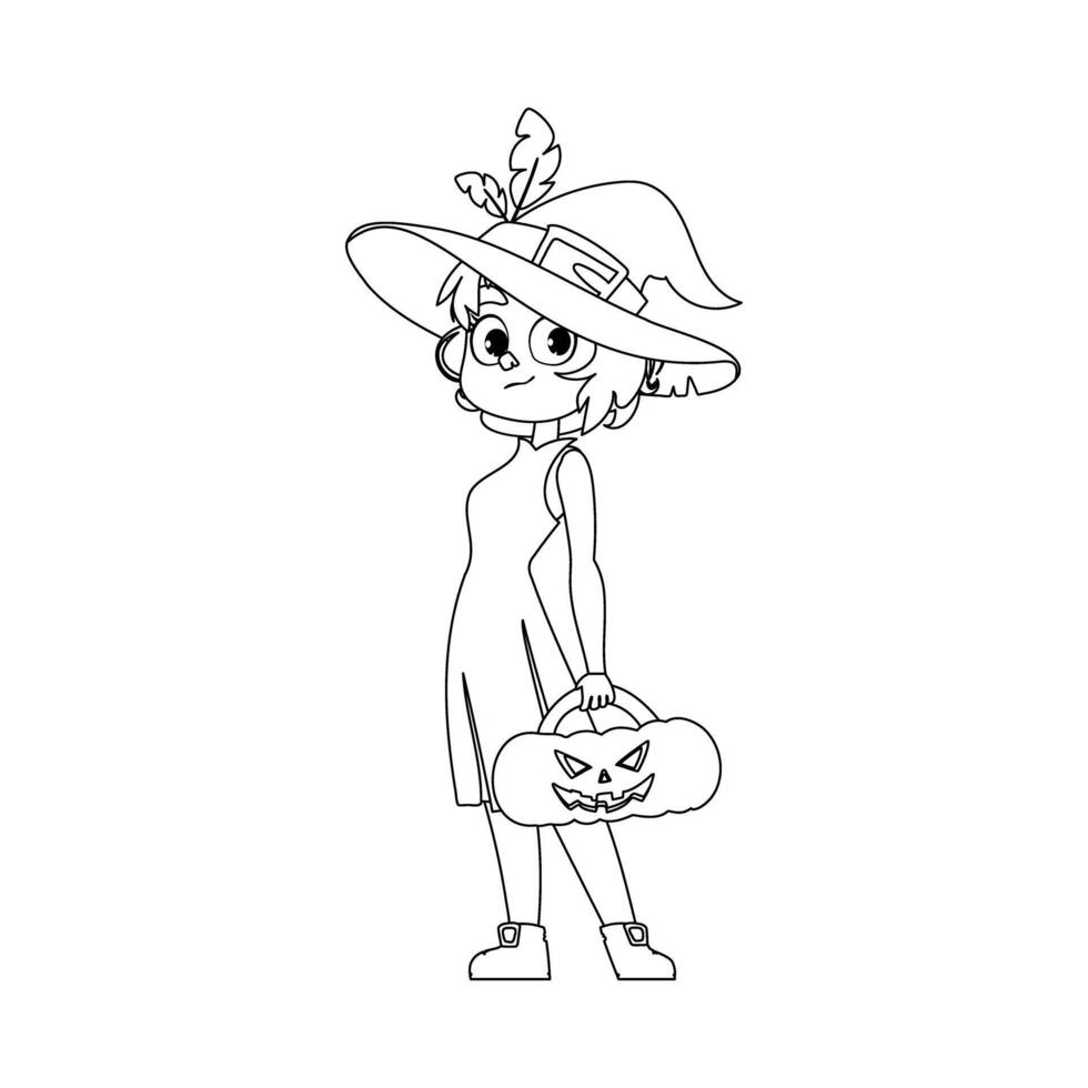 A little girl is wearing a witch costume. She is super excited and can hardly wait for Halloween. She has a pumpkin in her hands.Linear style. vector