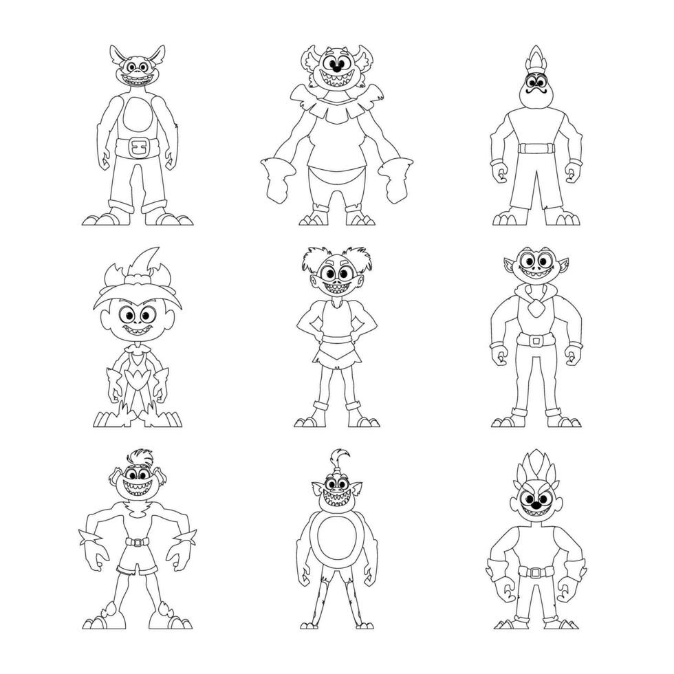 In a large group, there are lots of weird and amusing monsters. Childrens coloring page. vector