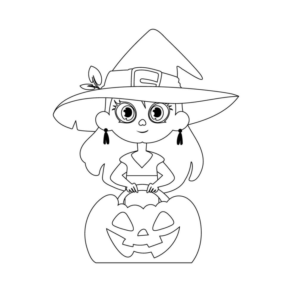 A little girl is wearing a witch costume, happily holding a pumpkin and eagerly waiting for Halloween.Linear style. vector