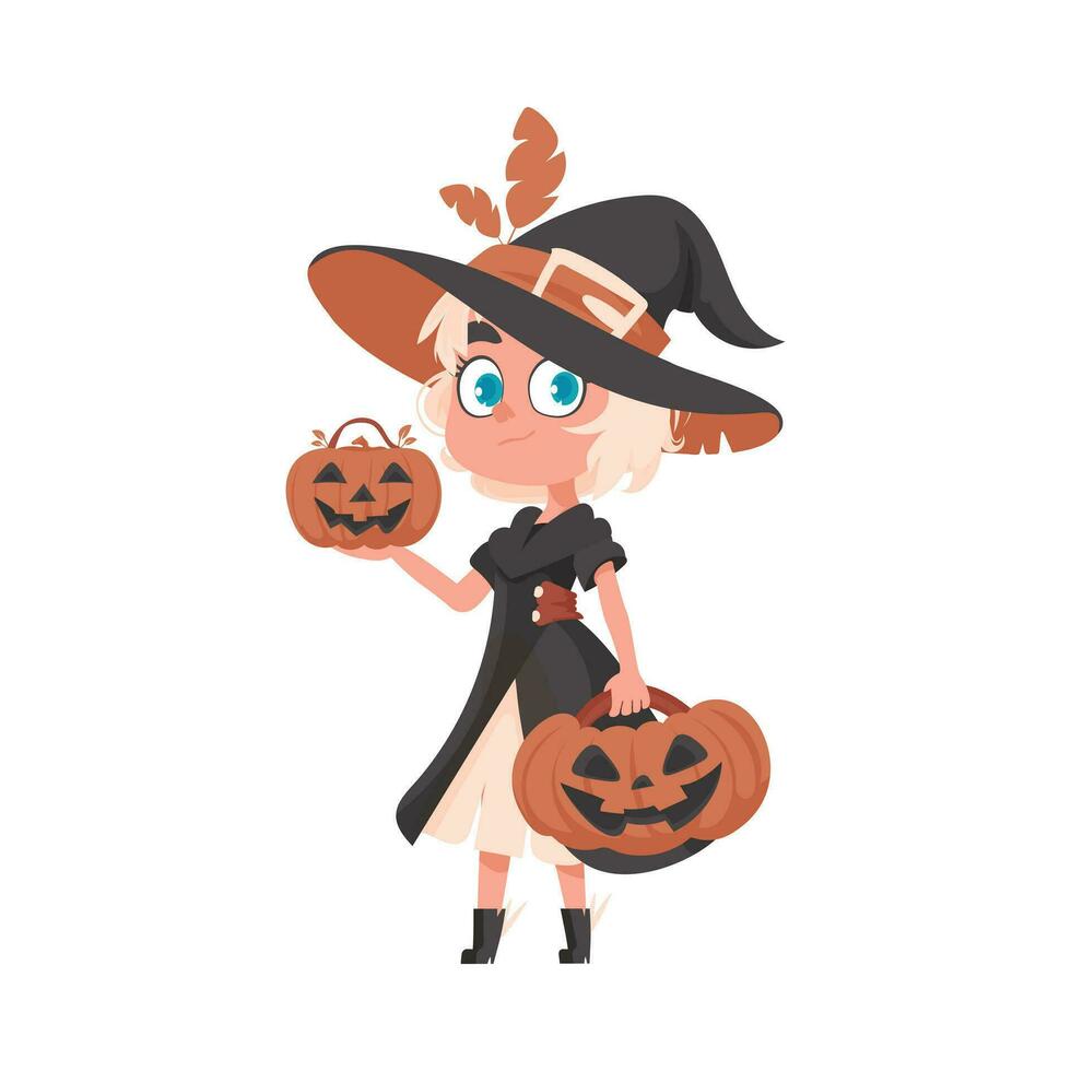 A small girl is dressed as a scary witch and she is holding a pumpkin. The Halloween theme is about having a good time and doing fun activities related to Halloween. vector