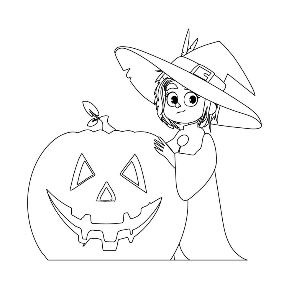 A young girl is dressed like a witch. She is very excited and can't wait for Halloween. She is holding a pumpkin.Linear style. vector