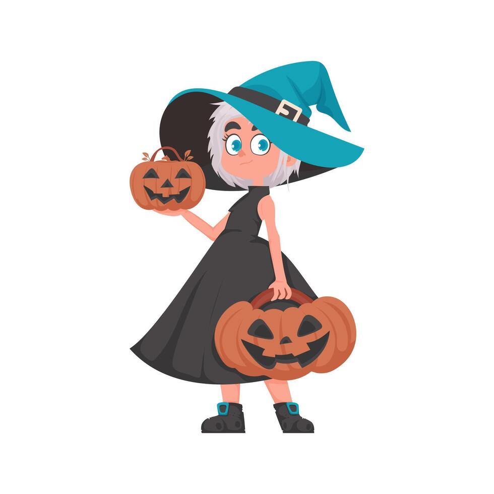 A small girl is wearing a frightening witch costume and she is carrying a pumpkin. Halloween is all about having a good time and doing enjoyable activities that are connected to Halloween. vector