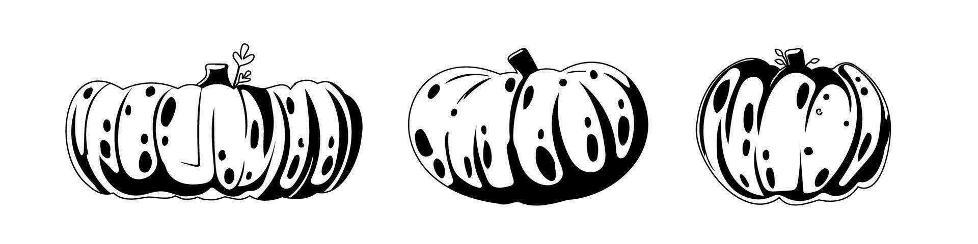 esta es un colección de negro y blanco calabazas para el otoño estación. para niños colorante página. vector