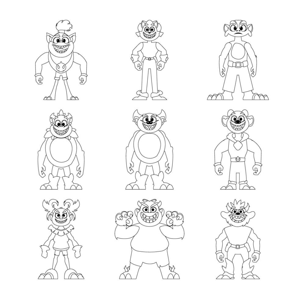 There are many funny and strange cartoon monsters in a big group. Childrens coloring page. vector