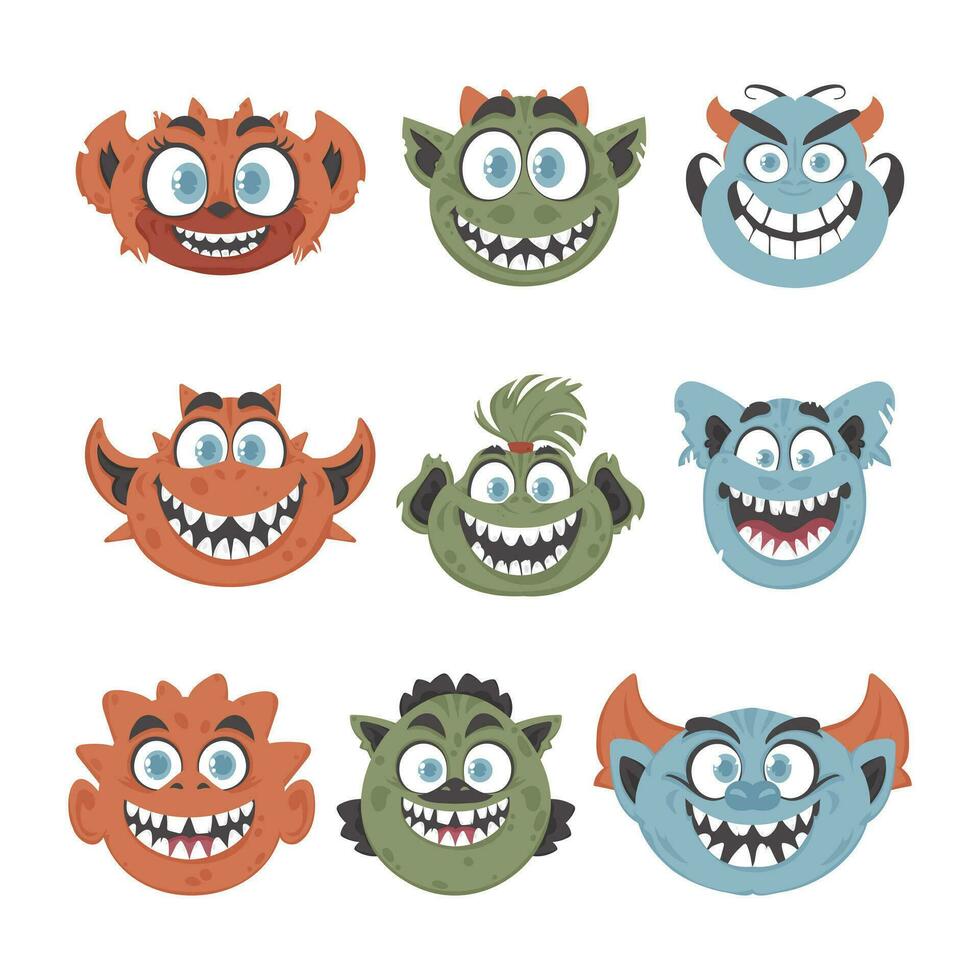 A big group of silly and funny monster faces. Cartoon style. vector