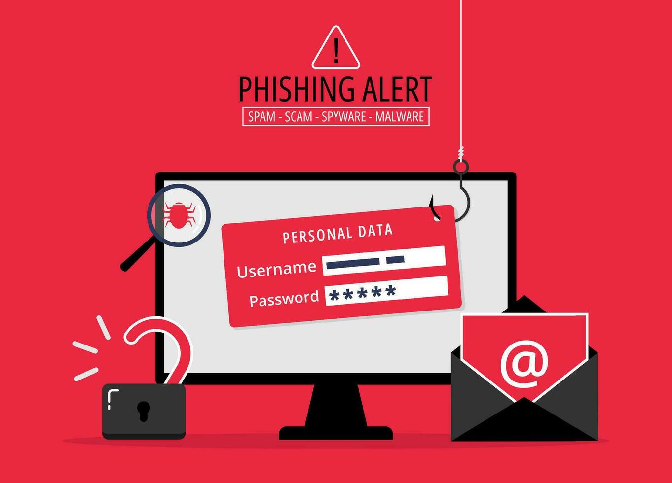 Phishing bait alert concept, login into account email with fishing hook, hacker trying to hack and steal personal data, cyber security warning from cybercrime vector