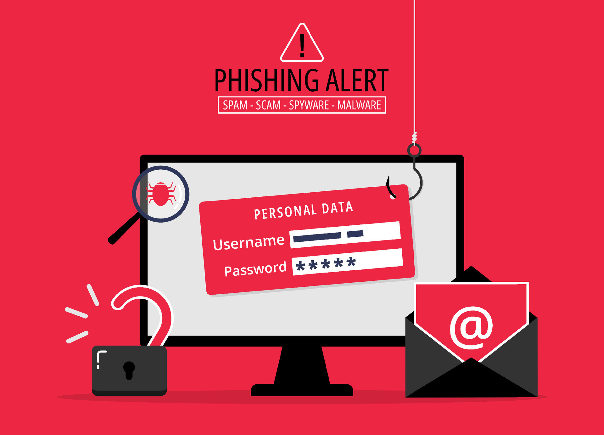 Phishing bait alert concept, login into account email with fishing hook,  hacker trying to hack and steal personal data, cyber security warning from  cybercrime 28134934 Vector Art at Vecteezy