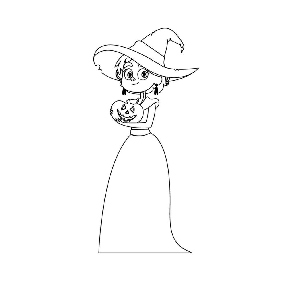 A small girl wearing a witch costume is happily holding a pumpkin and excitedly waiting for Halloween.Linear style. vector