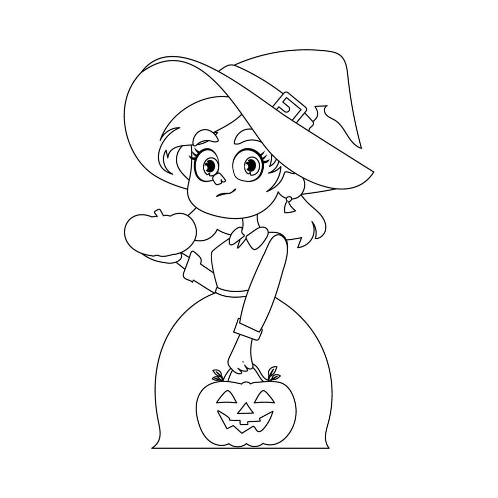A little girl is wearing a costume of a witch. She is very happy and can't wait for Halloween. She has a pumpkin in her hand.Linear style. vector