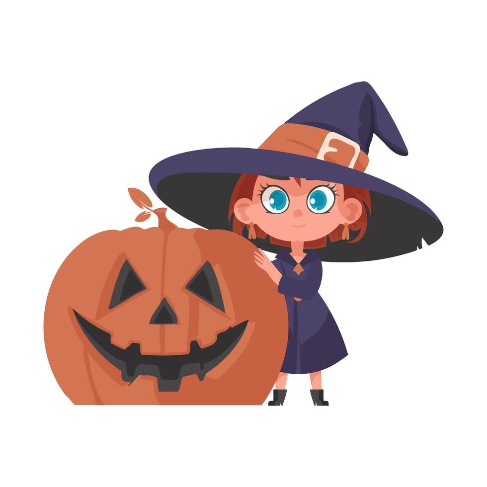 A small girl is wearing a costume of a spooky witch and she is carrying a pumpkin. The Halloween theme is about having a good time and doing fun activities that are associated with Halloween. vector