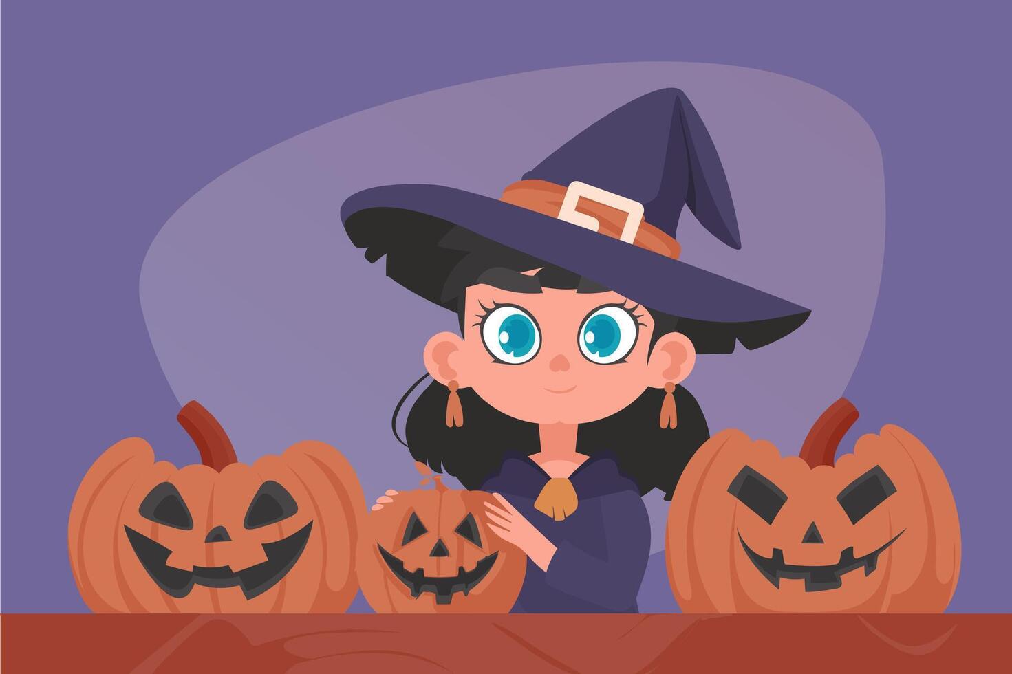 A girl wearing a witch outfit for Halloween sits at a table with pumpkins that have mean-looking faces carved into them. Cartoon style, Vector Illustration