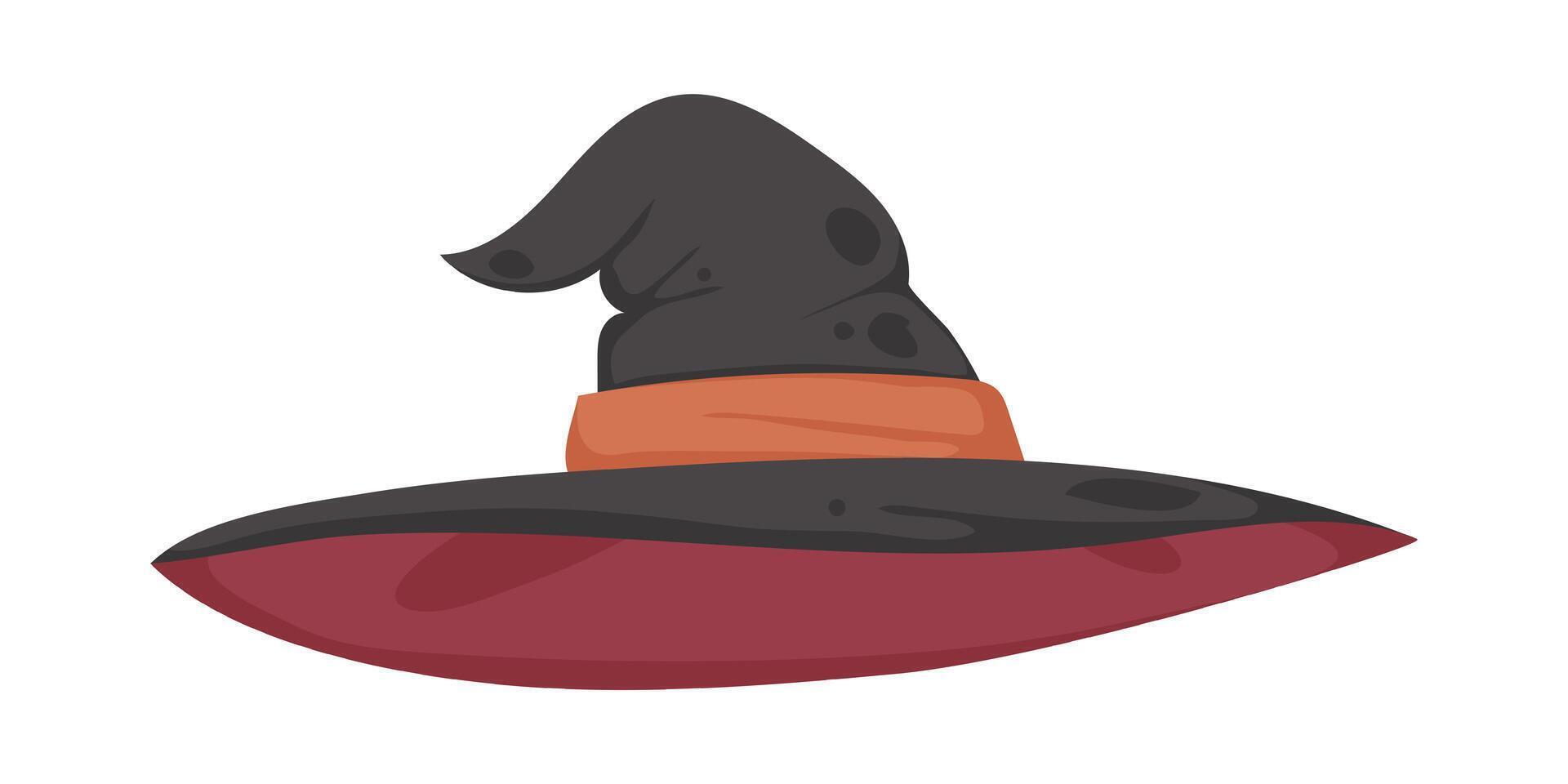 A witch's hat is a tall hat that witches wear on their head. It is pointy in shape. A Halloween hat that looks like a baseball cap. Cartoon style, Vector Illustration