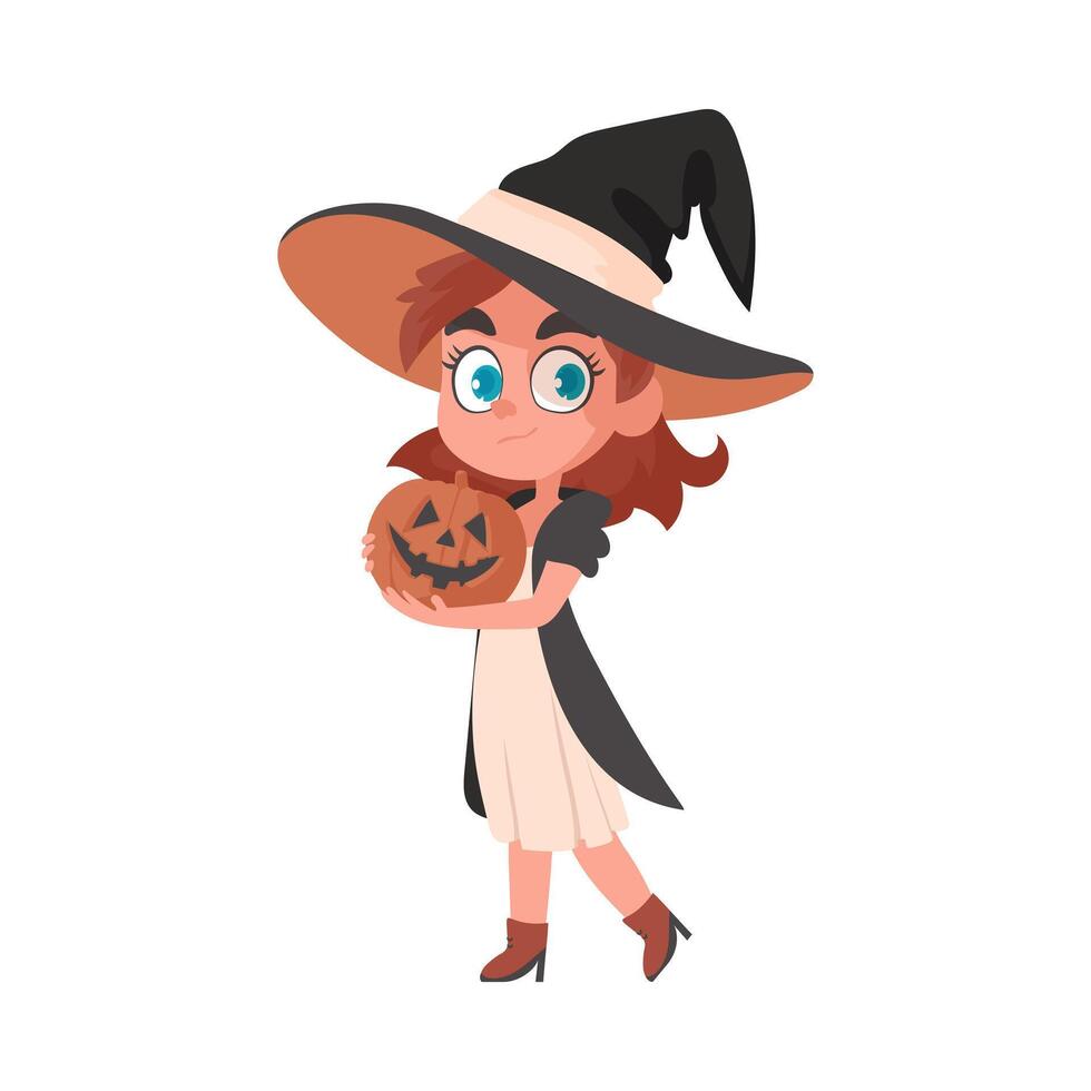 A little girl is wearing a scary witch costume and holding a pumpkin. The Halloween theme is all about the things and activities associated with Halloween that bring joy and amusement to people. vector