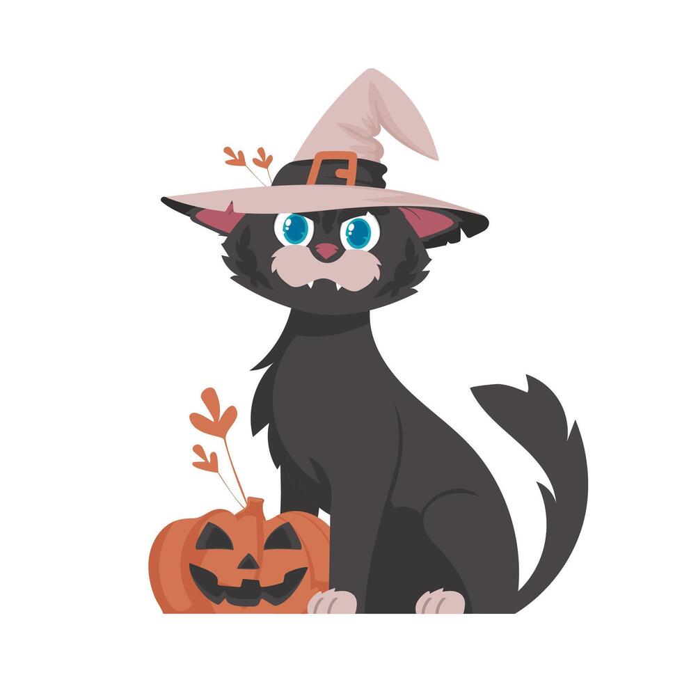 A silly black cat with a witch's hat sits on a pumpkin. The Halloween theme is all about the frightening and creepy things that are connected to Halloween. Cartoon style, Vector Illustration