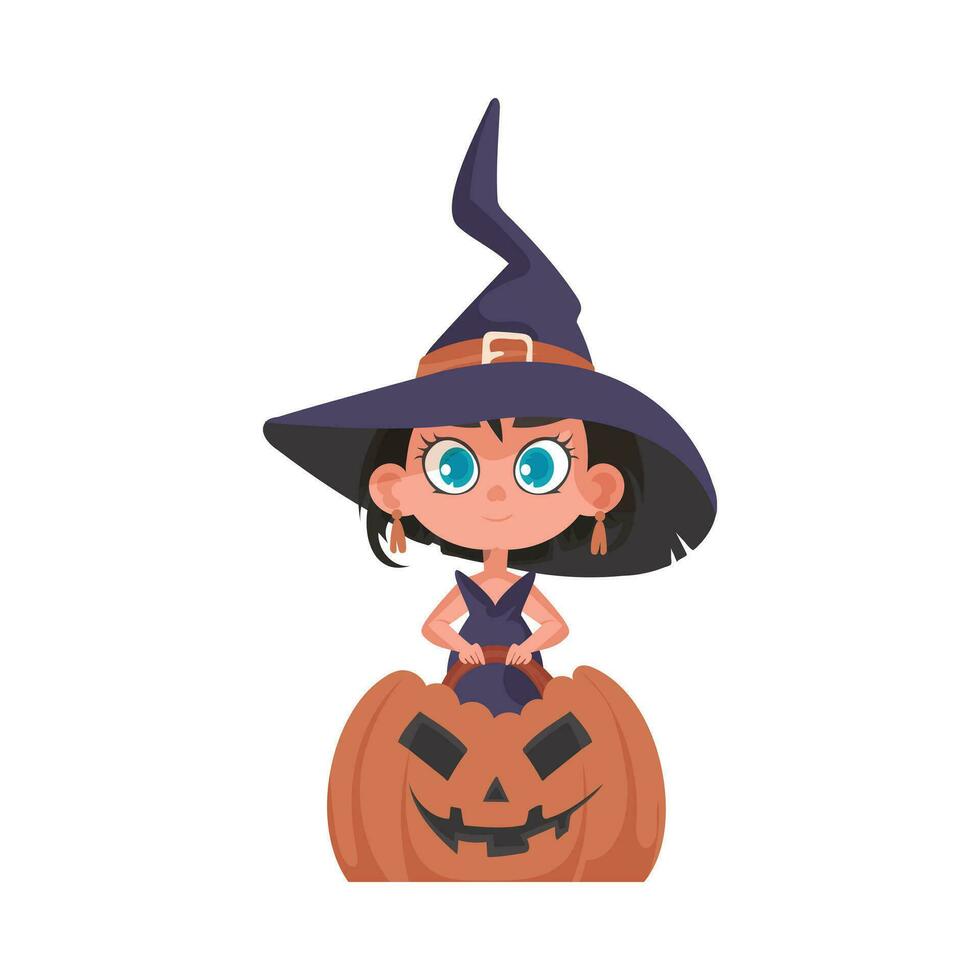 A little girl is dressed as a scary witch and she is holding a pumpkin. The Halloween theme is all about having fun and doing enjoyable things that are related to Halloween. vector