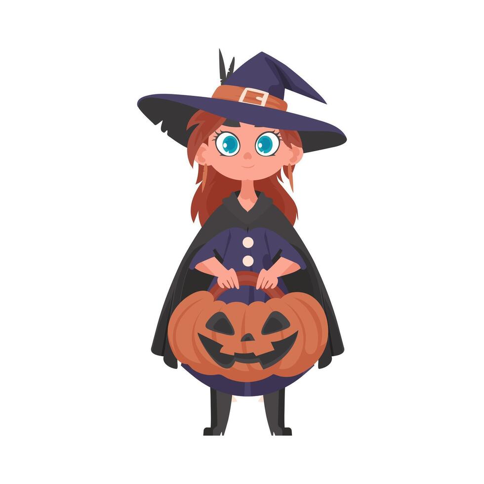 A little girl is wearing a scary witch costume and holding a pumpkin. The Halloween theme is all about having fun and doing enjoyable things that are connected to Halloween. vector