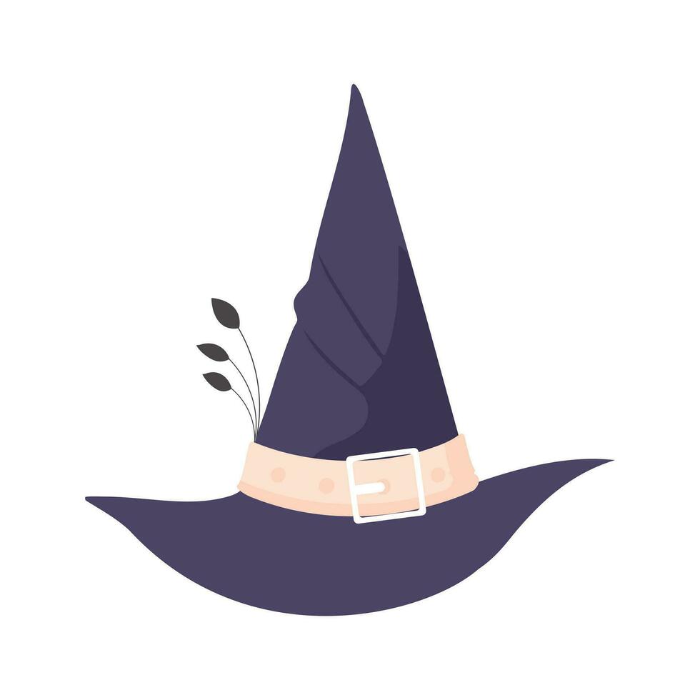 A hat that witches often wear on their heads is long and has a pointed shape. A Halloween hat that looks like a baseball cap. Cartoon style, Vector Illustration