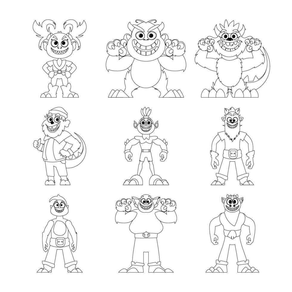 There are many strange and funny monsters in a big group. Childrens coloring page. vector