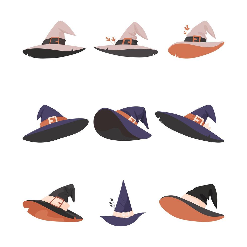 There are many Halloween hats shaped like witches. Cartoon style. vector