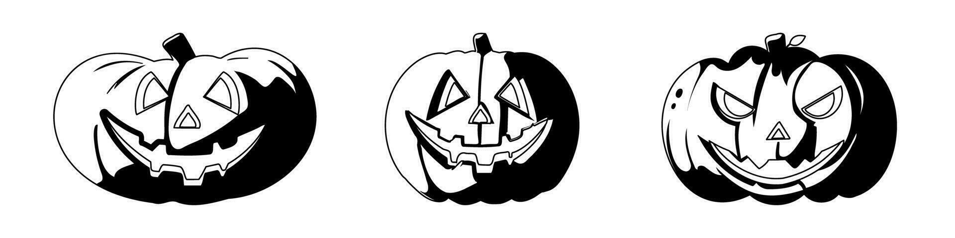 A group of pumpkins with faces for Halloween in the fall. Childrens coloring page. vector