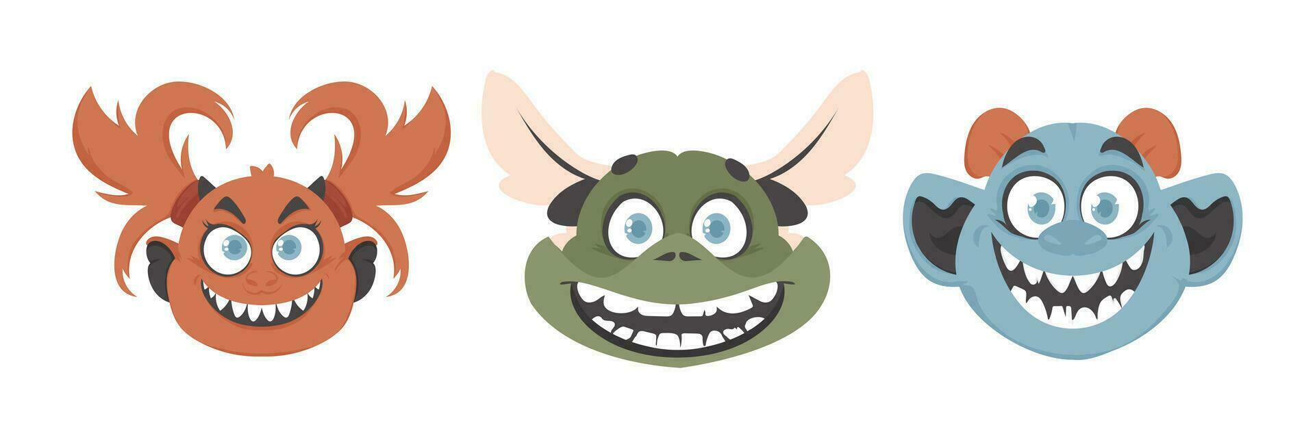 un colección de gracioso y tonto monstruo caras. dibujos animados estilo. vector