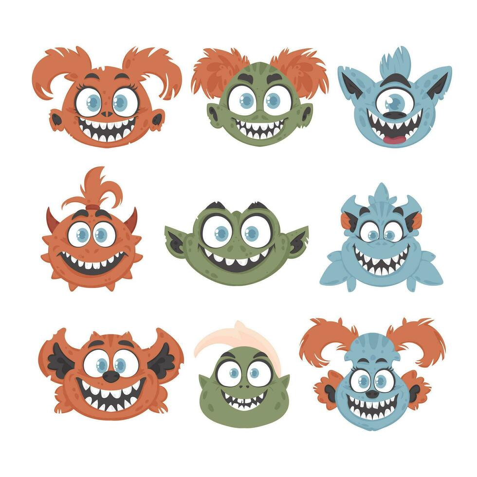 A bunch of silly and entertaining monster faces. Cartoon style. vector