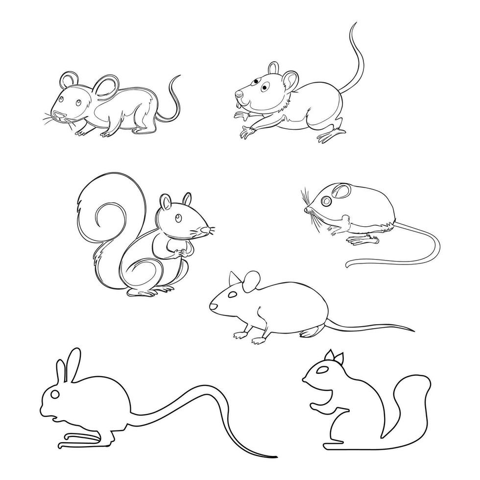 Set of outline drawing mice illustration. vector