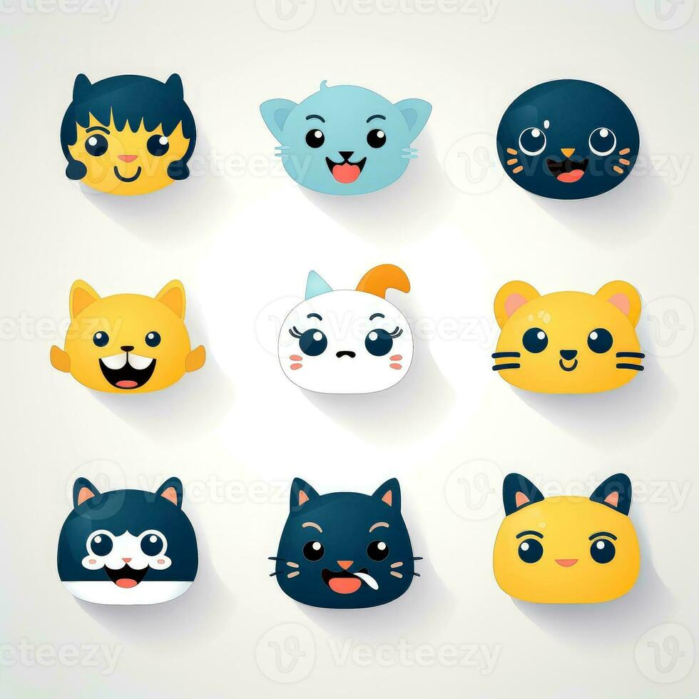 Set of animal faces, face emojis, stickers, emoticons,cartoon funny mascot characters face set, Generative AI illustration photo