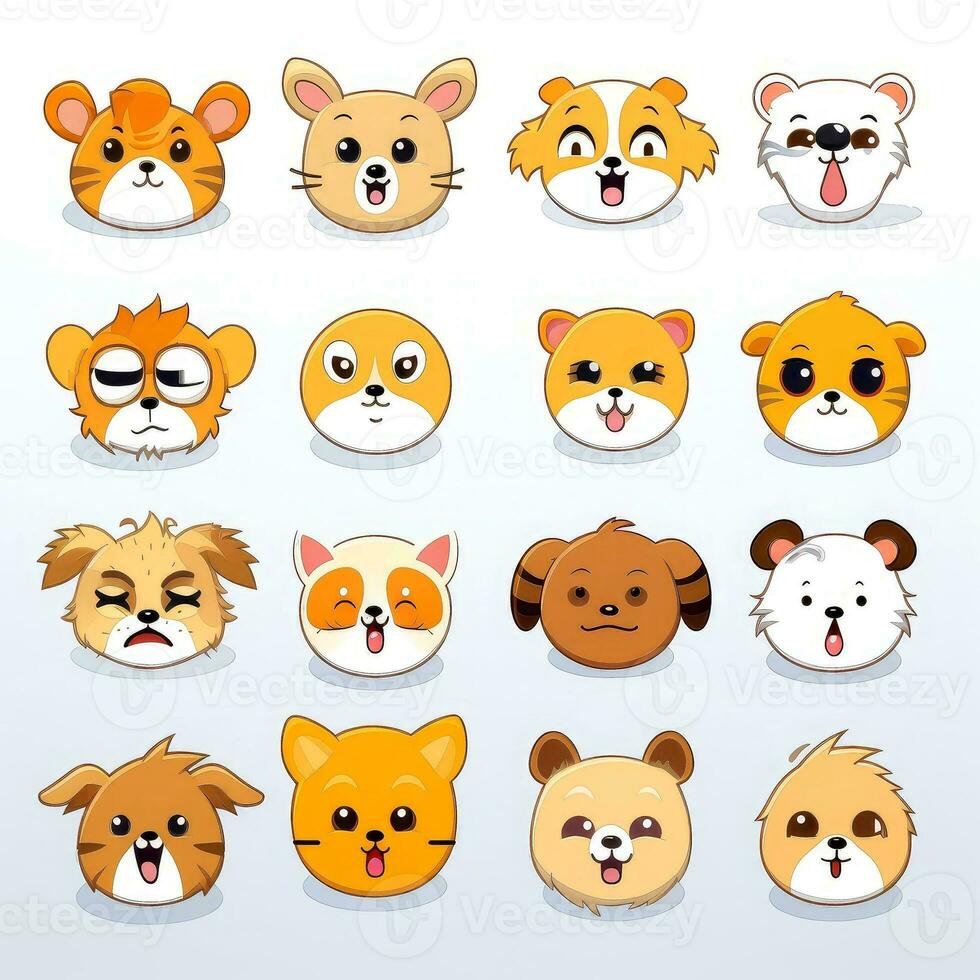 conjunto de animal caras, cara emojis, pegatinas, emoticones, dibujos animados gracioso mascota caracteres cara colocar, generativo ai ilustración foto