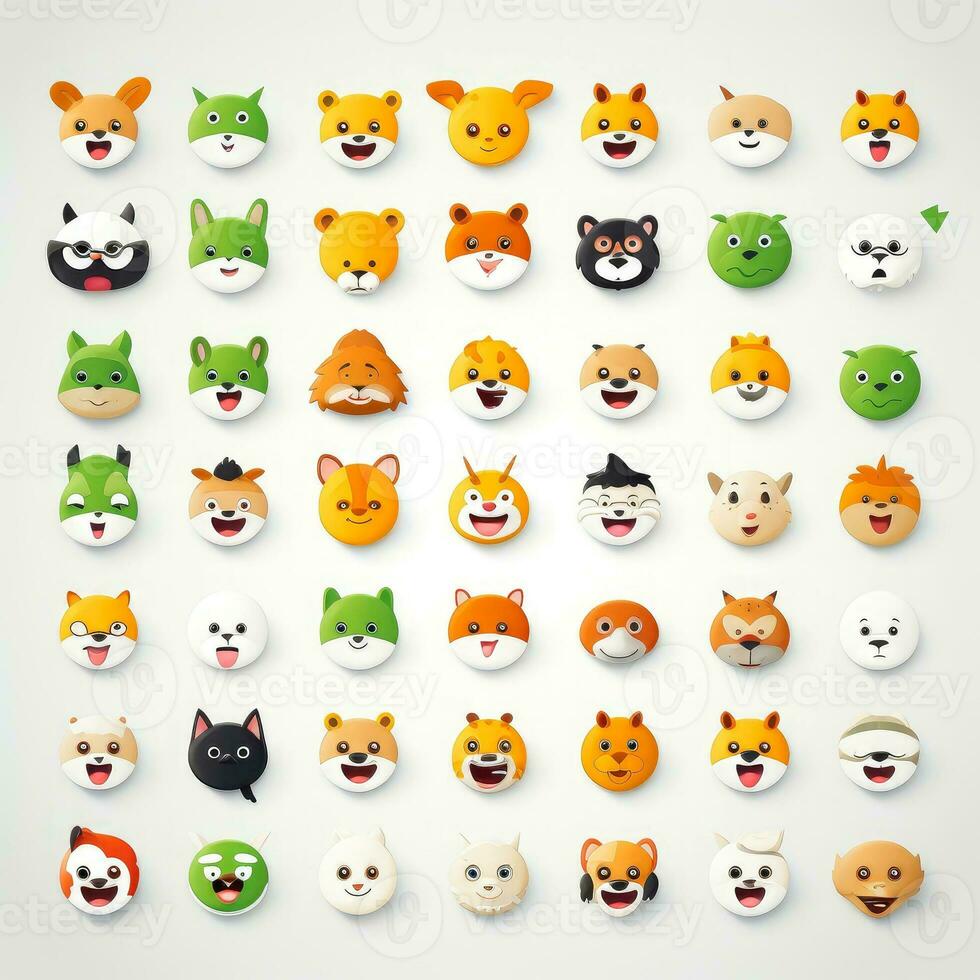 conjunto de animal caras, cara emojis, pegatinas, emoticones, dibujos animados gracioso mascota caracteres cara colocar, generativo ai ilustración foto