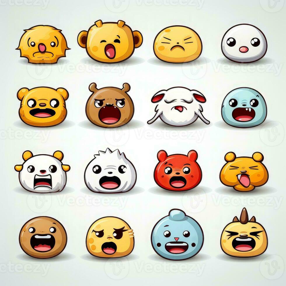 Set of animal faces, face emojis, stickers, emoticons,cartoon funny mascot characters face set, Generative AI illustration photo