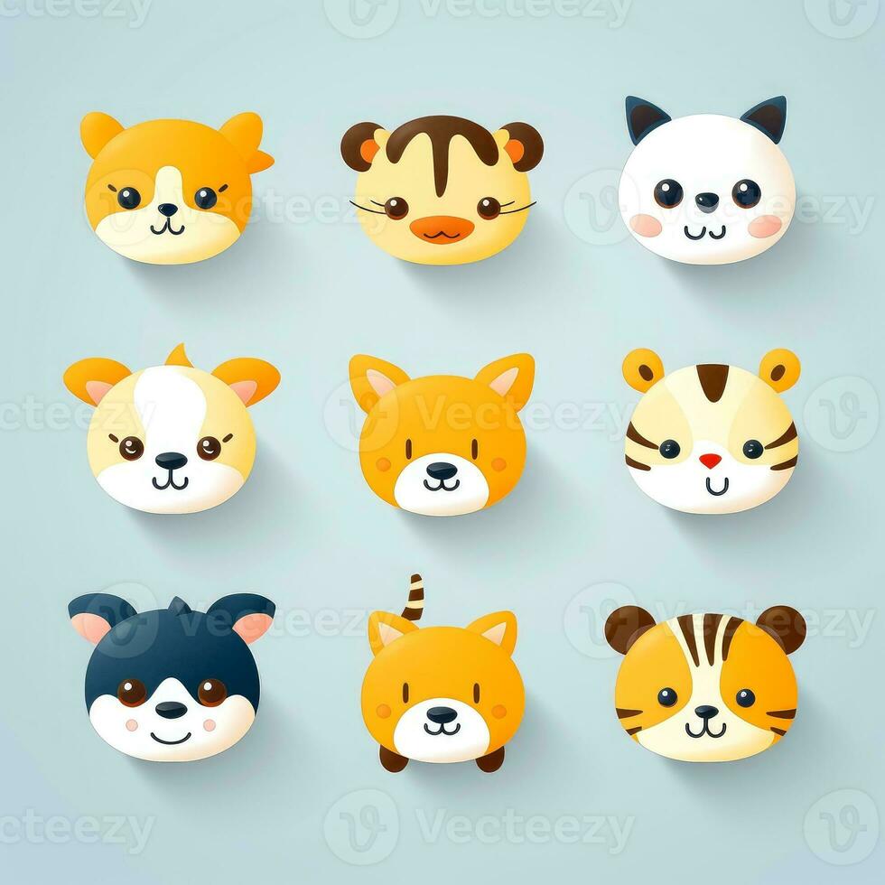 Set of animal faces, face emojis, stickers, emoticons,cartoon funny mascot characters face set, Generative AI illustration photo