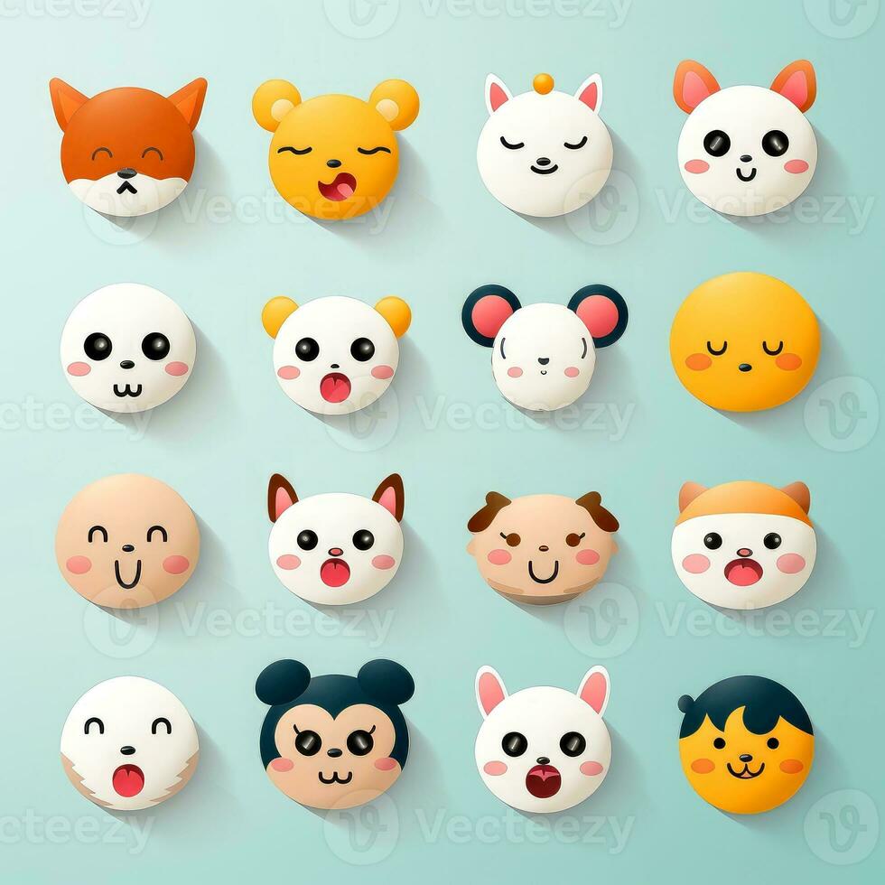 Set of animal faces, face emojis, stickers, emoticons,cartoon funny mascot characters face set, Generative AI illustration photo