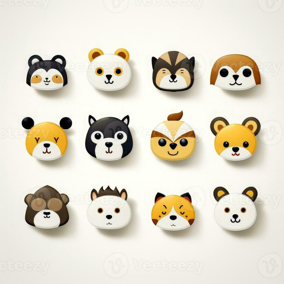 conjunto de animal caras, cara emojis, pegatinas, emoticones, dibujos animados gracioso mascota caracteres cara colocar, generativo ai ilustración foto