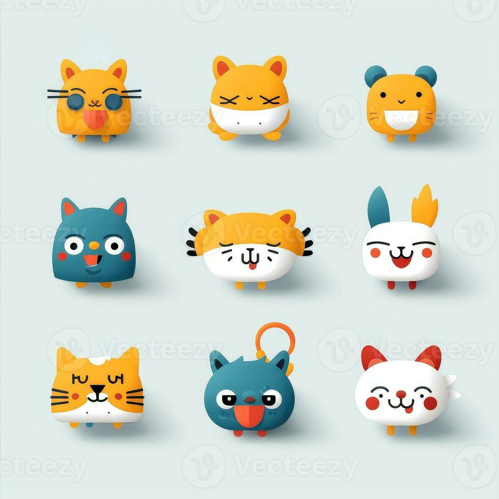 Set of animal faces, face emojis, stickers, emoticons,cartoon funny mascot characters face set, Generative AI illustration photo