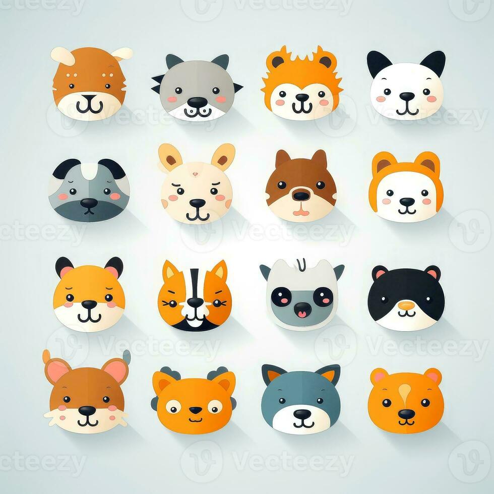 Set of animal faces, face emojis, stickers, emoticons,cartoon funny mascot characters face set, Generative AI illustration photo