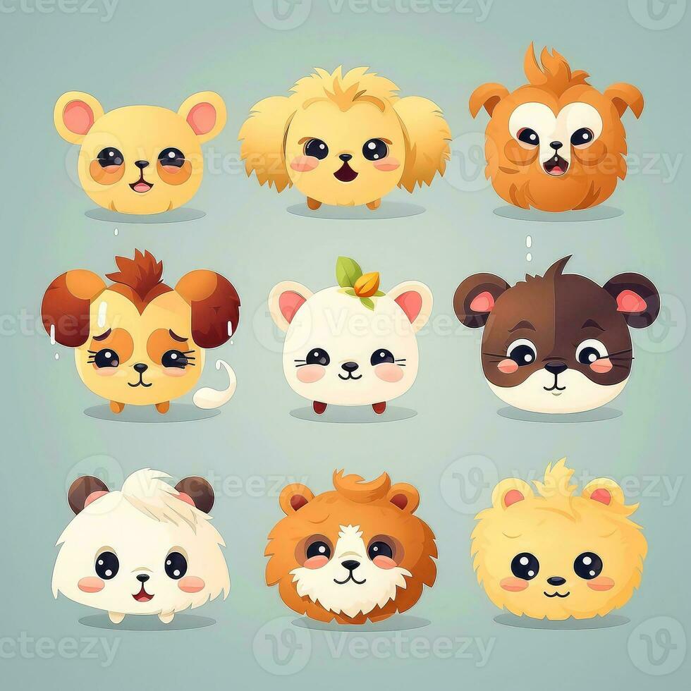 Set of animal faces, face emojis, stickers, emoticons,cartoon funny mascot characters face set, Generative AI illustration photo