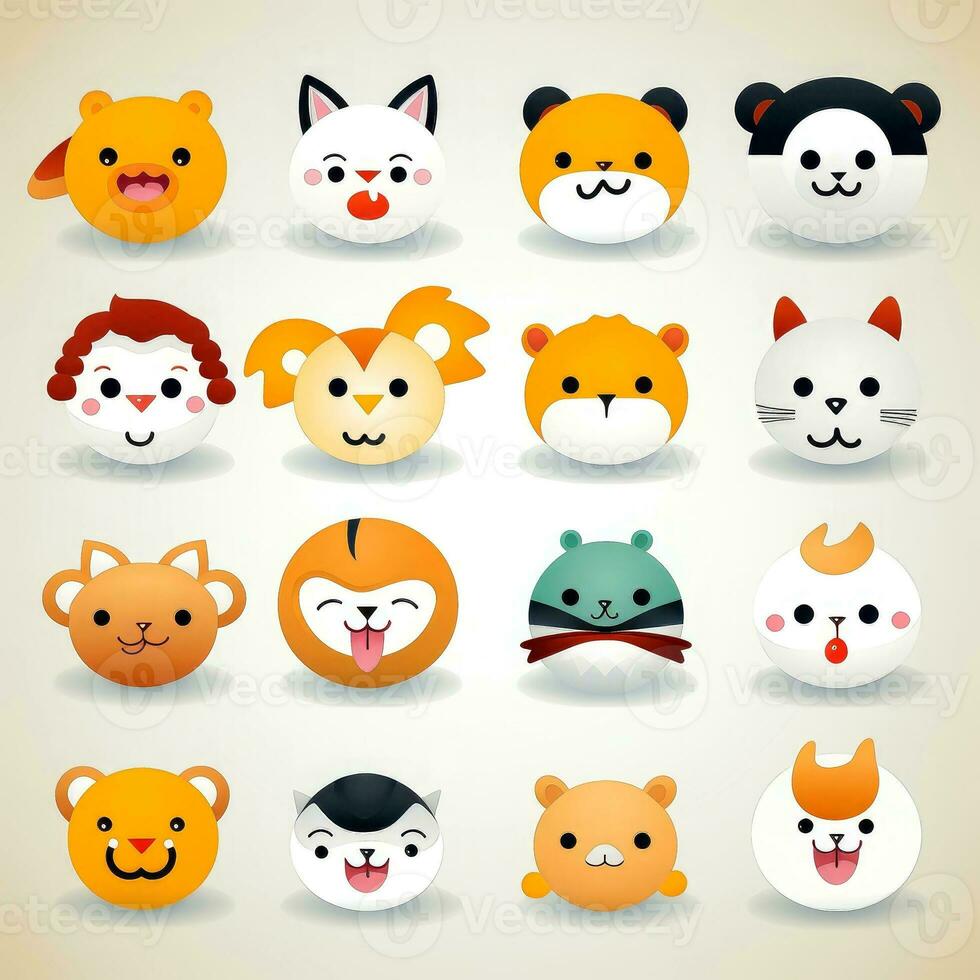 Set of animal faces, face emojis, stickers, emoticons,cartoon funny mascot characters face set, Generative AI illustration photo