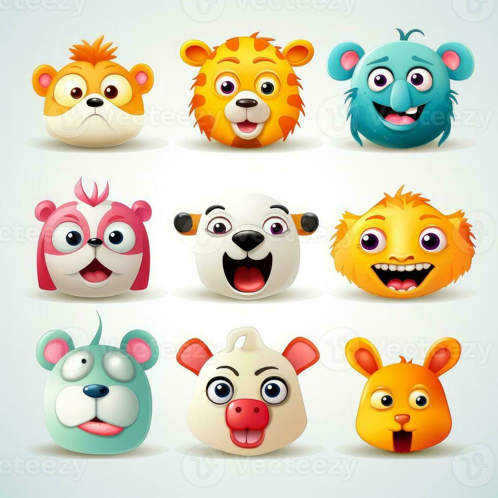 Set of animal faces, face emojis, stickers, emoticons,cartoon funny mascot characters face set, Generative AI illustration photo