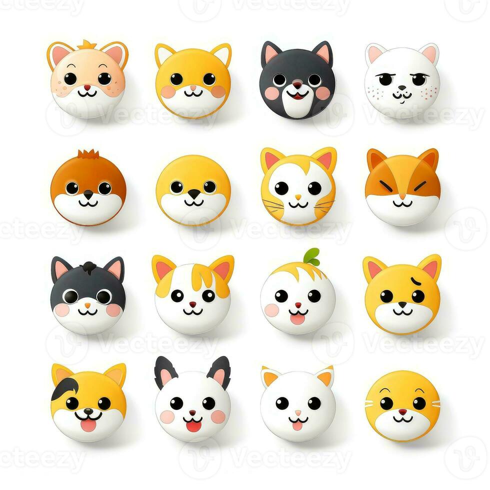 Set of animal faces, face emojis, stickers, emoticons,cartoon funny mascot characters face set, Generative AI illustration photo