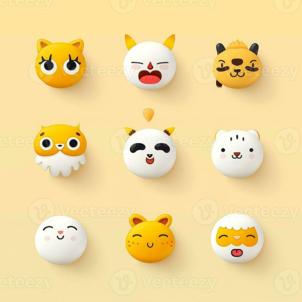 Set of animal faces, face emojis, stickers, emoticons,cartoon funny mascot characters face set, Generative AI illustration photo