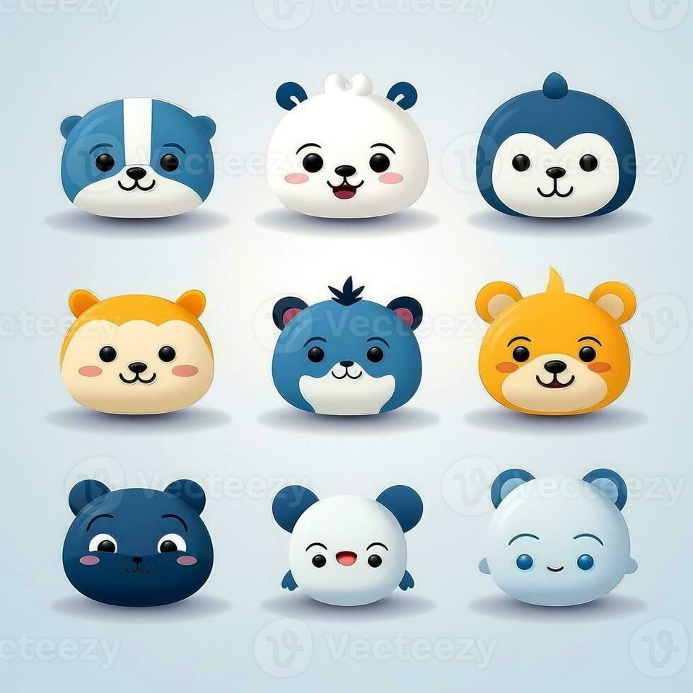 Set of animal faces, face emojis, stickers, emoticons,cartoon funny mascot characters face set, Generative AI illustration photo