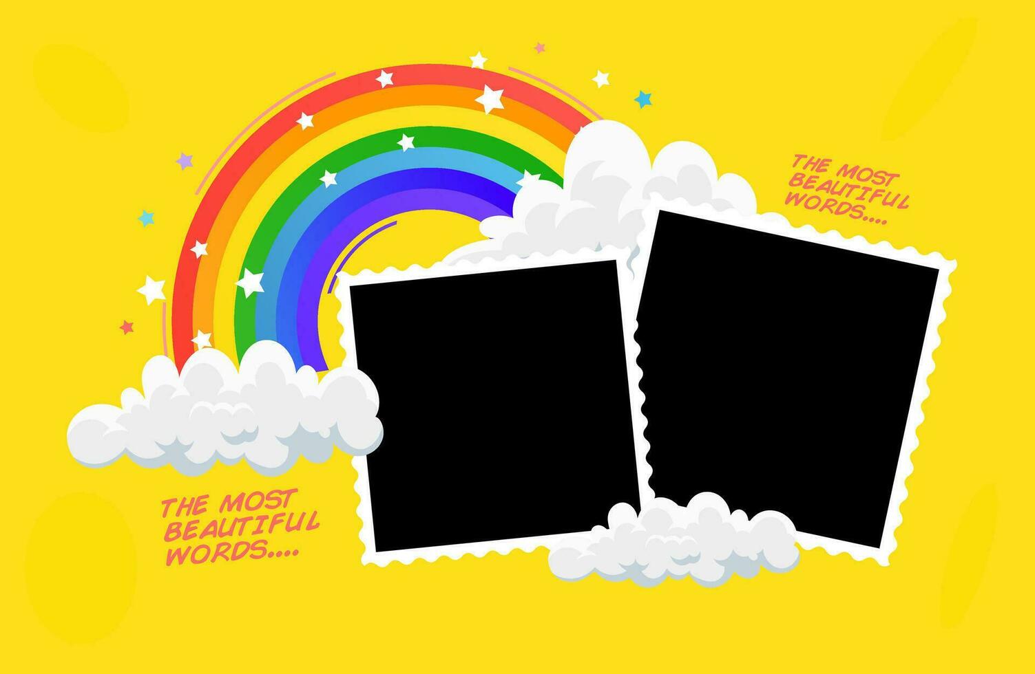 two blank photo frames with a rainbow and clouds vector