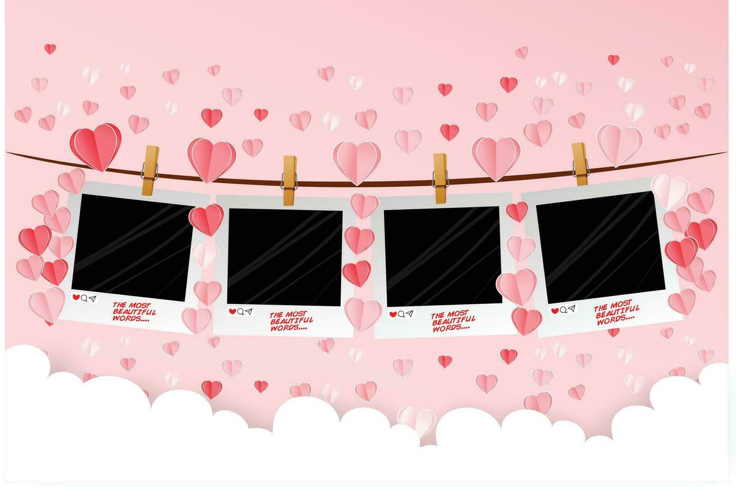 valentine's day card with photo frames hanging on clothes line vector