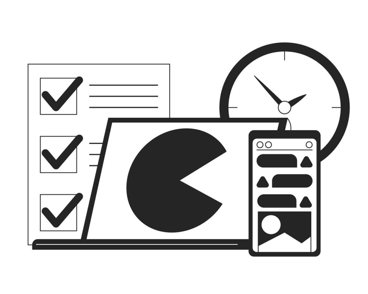Planning tasks bw concept vector spot illustration. Working time. Laptop, checklist, phone 2D cartoon flat line monochromatic objects for web UI design. Productivity editable isolated outline image
