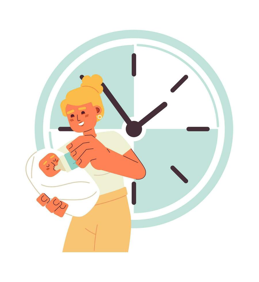 Baby feeding in time flat concept vector spot illustration. Care. Mother gives bottle for newborn 2D cartoon characters on white for web UI design. Parenthood isolated editable creative hero image