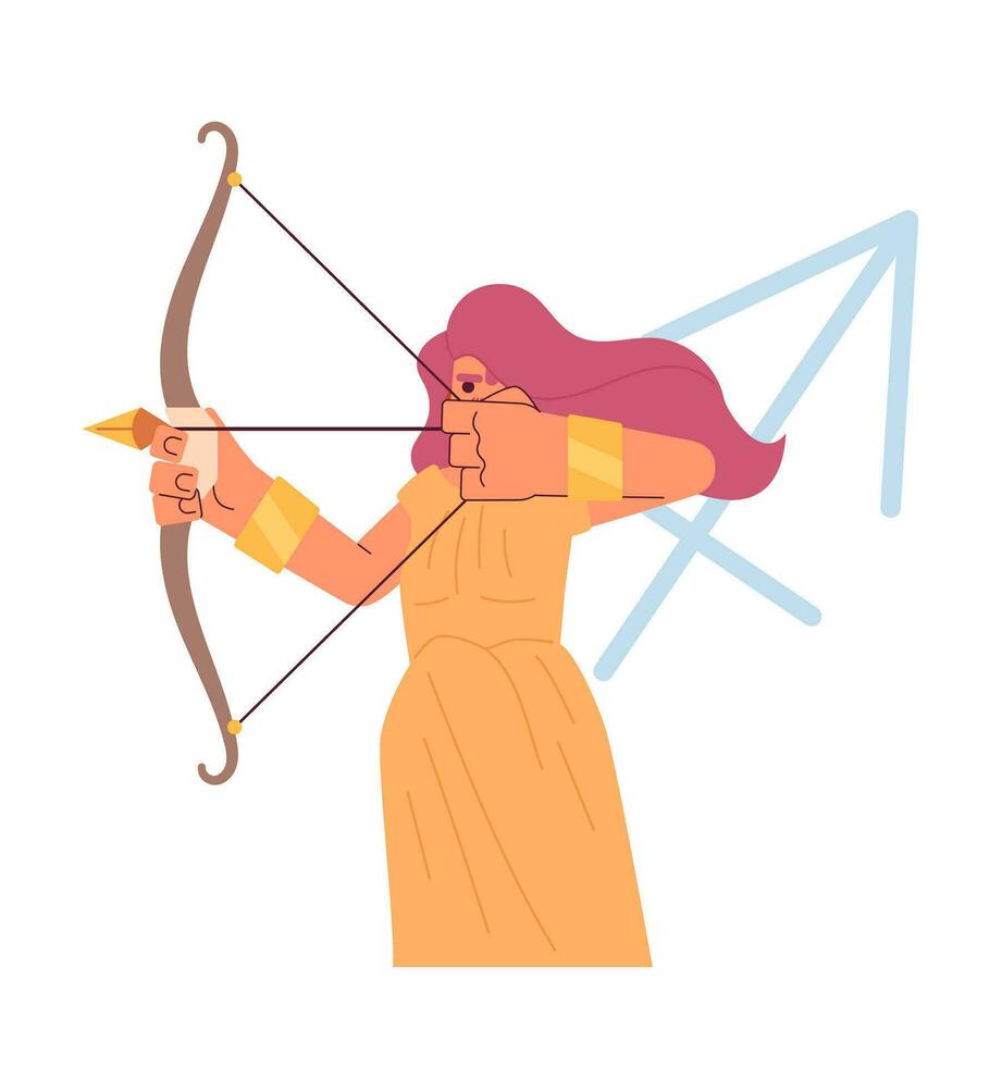 Sagittarius zodiac sign flat concept vector spot illustration. Woman holding bow and pulling arrow 2D cartoon character on white for web UI design. Astrology isolated editable creative hero image